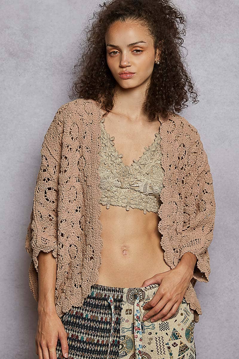 Pol Clothing - Wholesale Cardigan - Women's - Long sleeve v neck floral pattern crochet chenille cardigan22