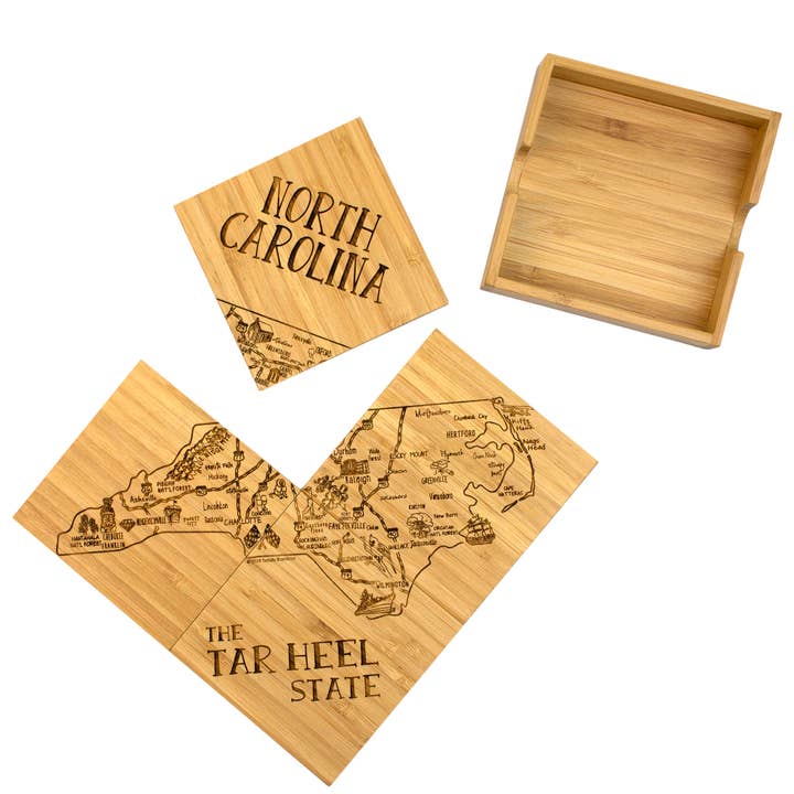 North Carolina Puzzle 4-Pc. Coaster Set with Case for wholesale by Totally Bamboo