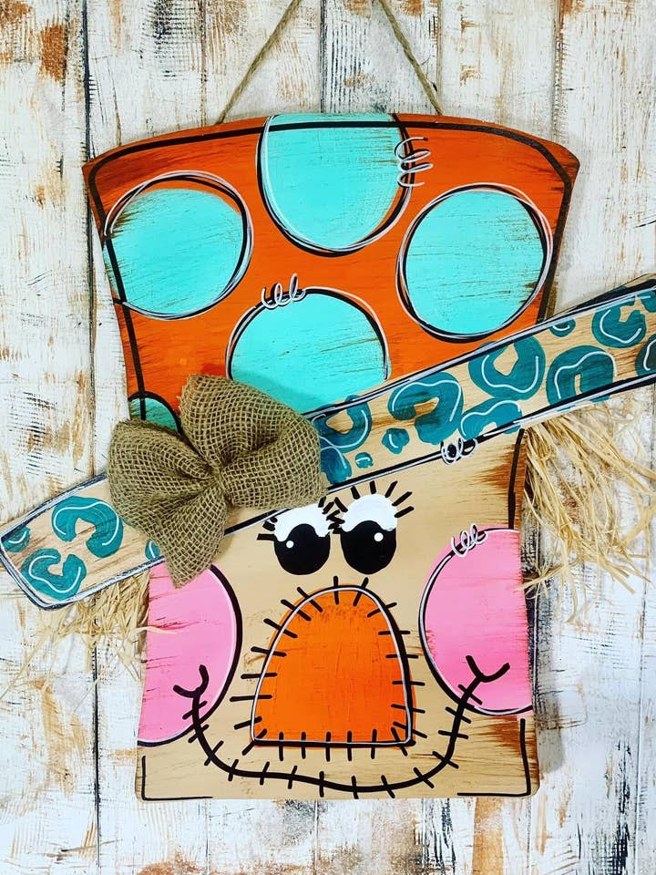 Funky scarecrow door hanger for wholesale by Sunflower Soul Art