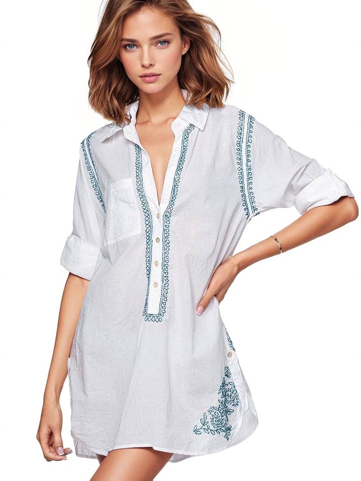 Boyfriend White Cotton Shirt with Blue Lotus Embroidery for wholesale by Subtle Luxury