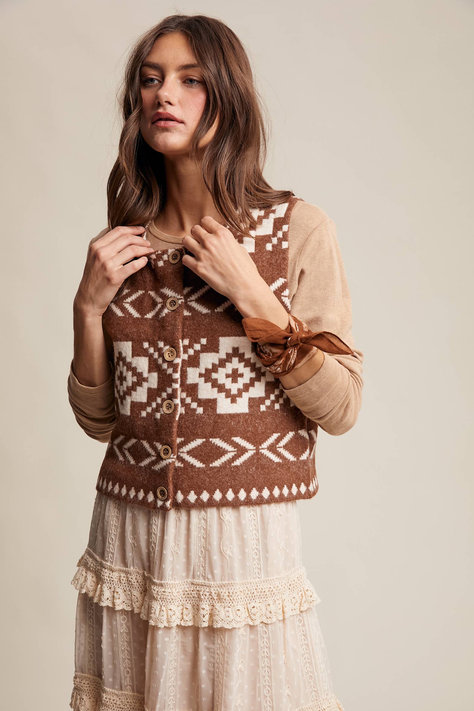 Listicle - Wholesale Sweater Vest - Women's - Southwestern Button-Up Vest LSW097724