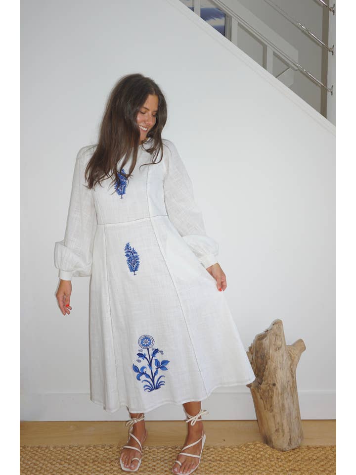NIBI MTK - Wholesale Dress - Women's - Milo Dress in White/Blue Emb5