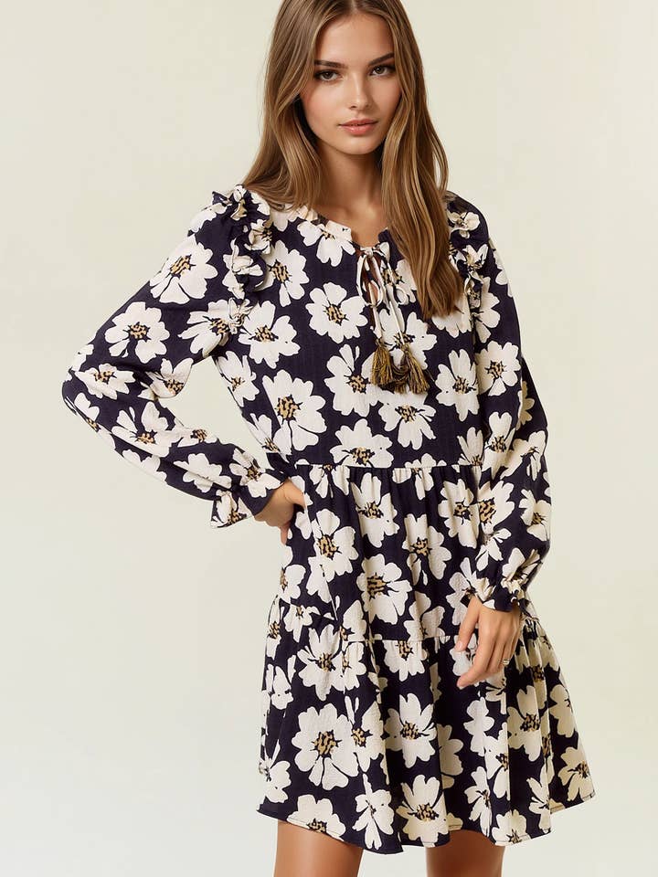 FLORAL PRINT LONG SLEEVE TIERED MINI DRESS - 27817D for wholesale by Doe and Rae