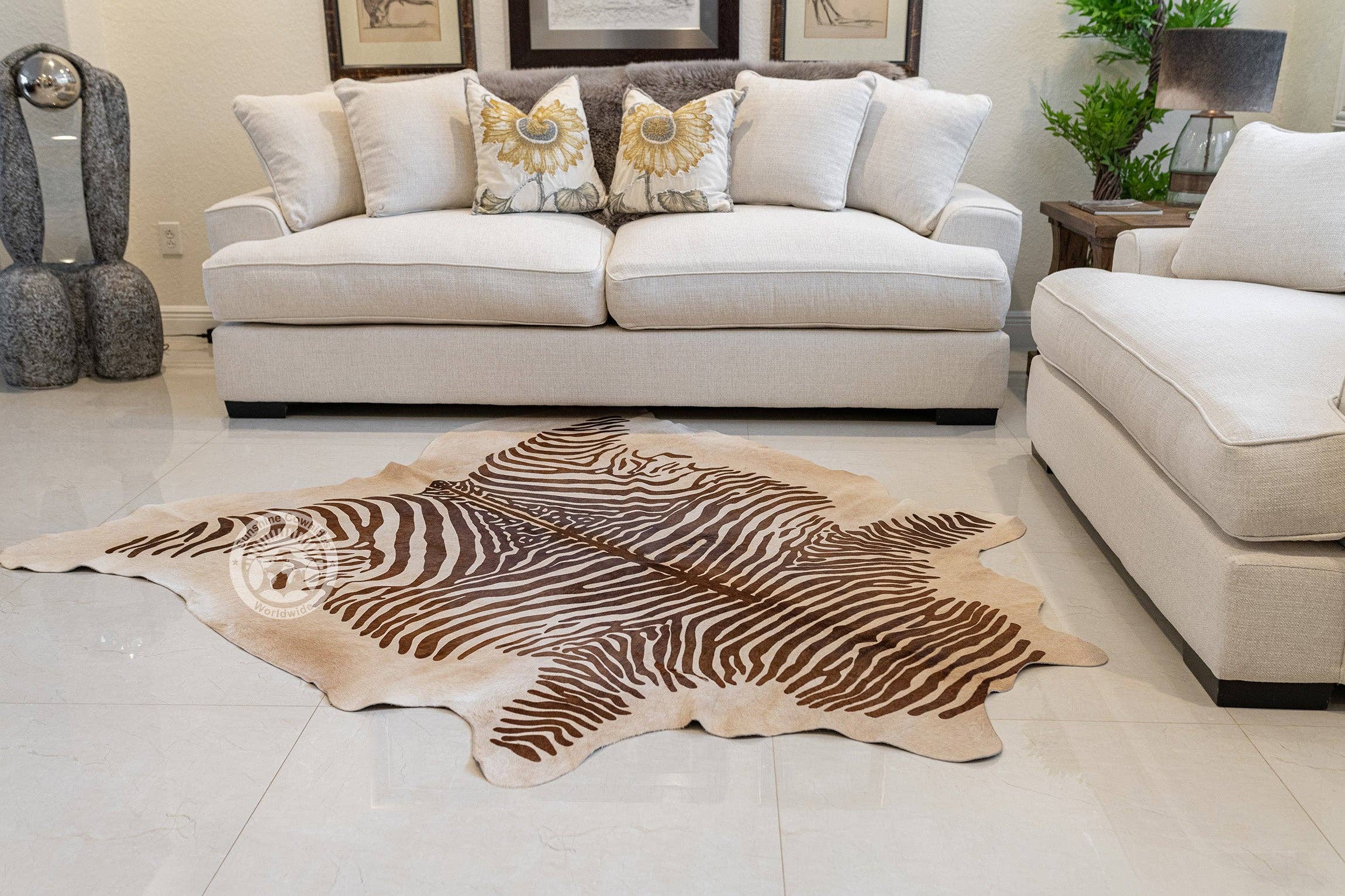 Zebra Brown Spine Stripes on Beige Cowhide Rug for wholesale on Faire2