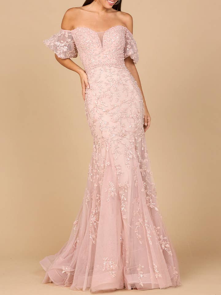 Lace, Off Shoulder Mermaid Gown for wholesale by Lara New York