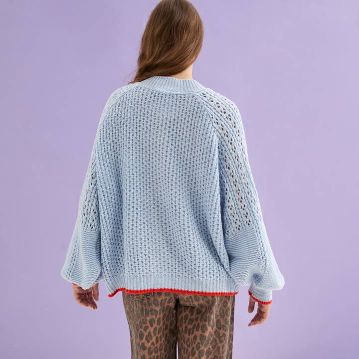 Cara & The Sky - Wholesale Cardigan - Women's - Brigit Pointelle Stitch Balloon Sleeve Cardigan - Blue4