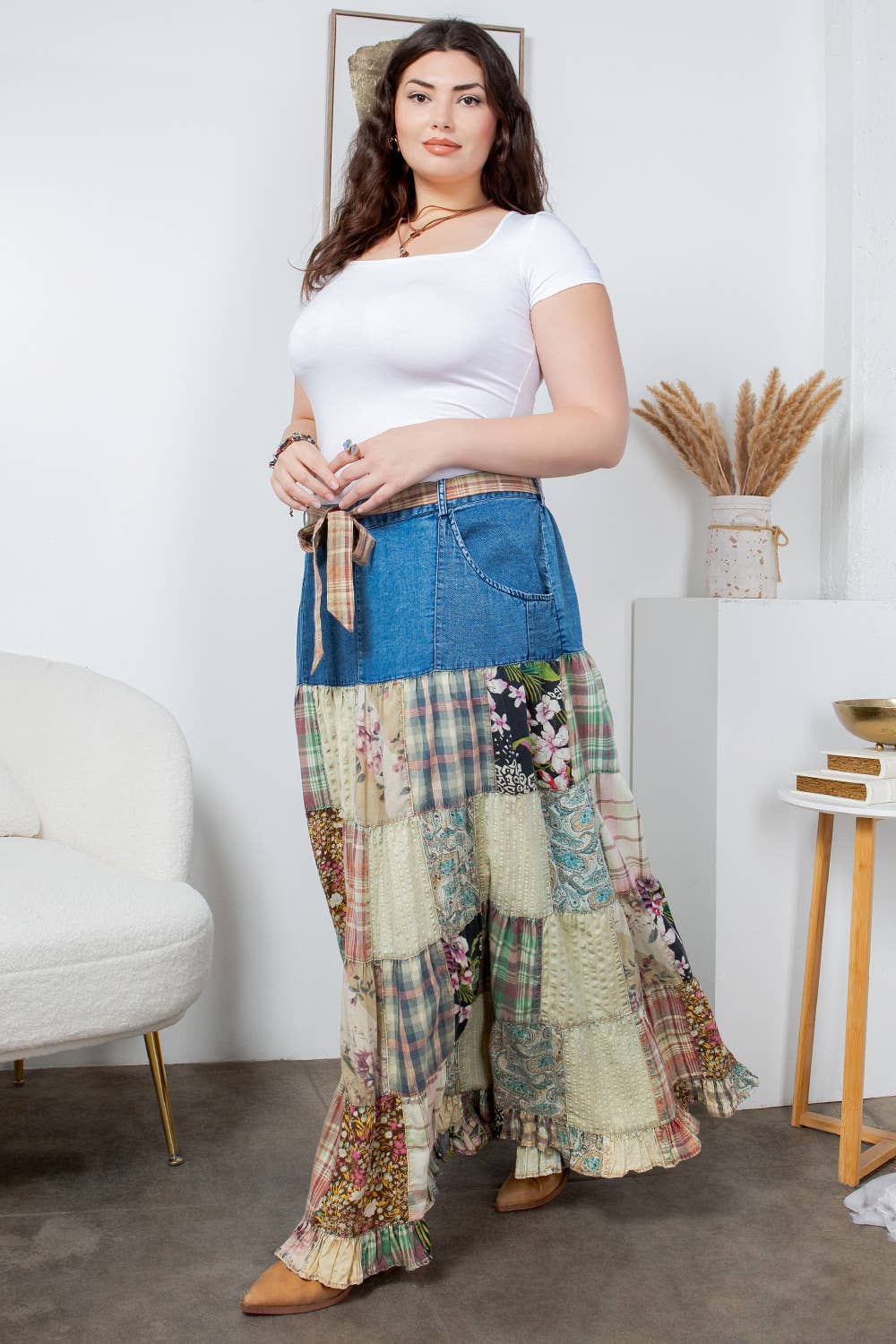 Young Threads - Wholesale Skirt - Women's - Western Boho Chic: Patchwork Belted Skirt  (New Color)1