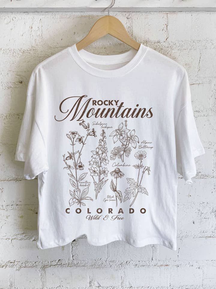 Rustee Clothing - Wholesale Screen Printed T-Shirt - Women's - ROCKY MOUNTAINS WILD FLOWER GRAPHIC LONG CROP TOP 6