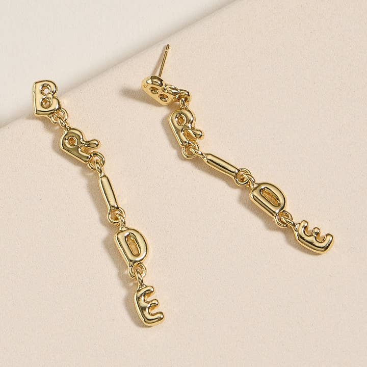 18K Gold Dipped Bride Letter Drop Earrings for wholesale by Lilla Haven
