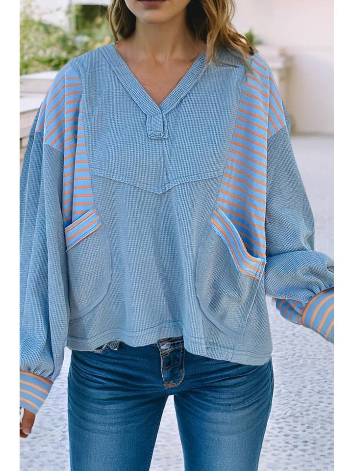 Little Daisy Closet - Wholesale Sweatshirt - Women's - LDC Exposed Seam Waffle Striped Patchwork Baggy Pullover