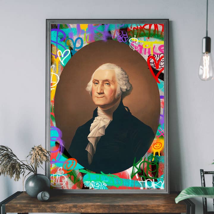 Stampa ritratta con sfondo graffiti di George Washington per la vendita all'ingrosso da parte di Ink & Drop
