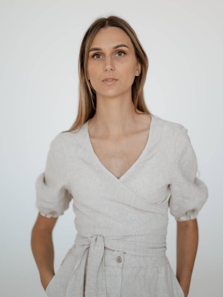 Linen Wrap-Blouse CW019 In NATURAL MELANGE for wholesale by Unique Linen