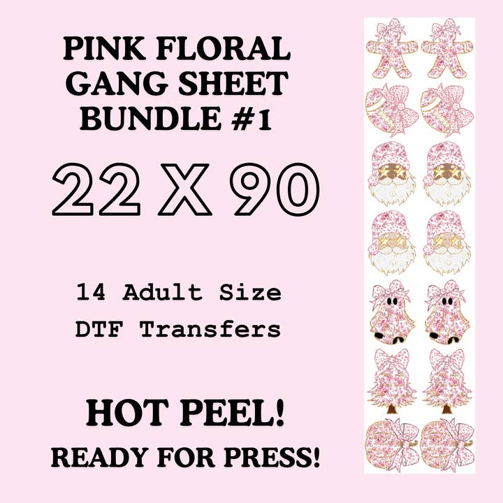 Pink Floral Coquette Bow Gang Sheet Bundle 1 for wholesale by Flawless Transfers