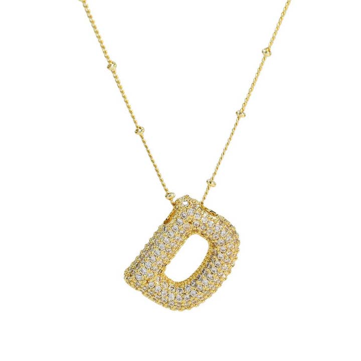 The Classy Cloth WS - Wholesale Pendant/Charm Necklace - Jeweled Cz Bubble Letter Initial Necklace - Gold RTS2