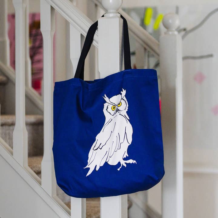 Borsa a tracolla con motivo gufo blu scuro per la vendita all'ingrosso da parte di Cluck Cluck!