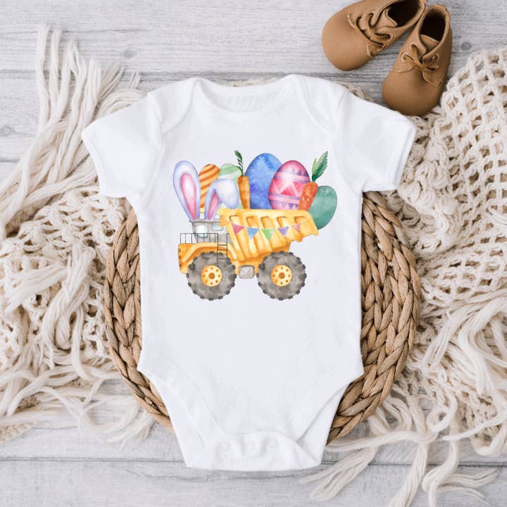 AvaryMaeInspirations - Wholesale Bodysuit (Non-Footed) - Baby - Dump Truck and Eggs Easter Baby Onesie0