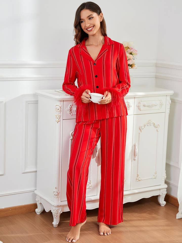 ROUGE Ensemble de vêtements d'intérieur avec chemise à manches longues et pantalon long en vente sur Faire4