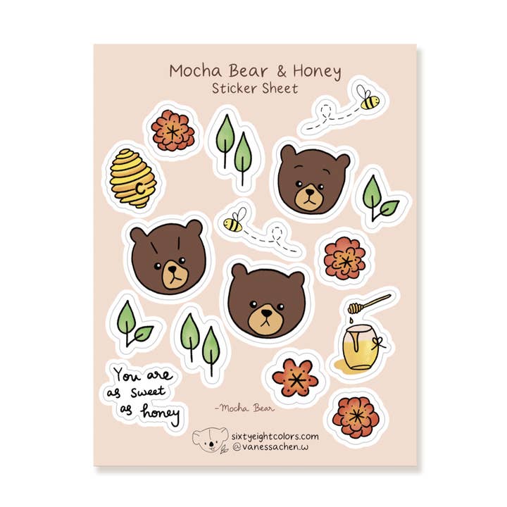 Sixtyeightcolors - Vendita all'ingrosso Adesivo - Foglio di adesivi Mocha Bear e Honey, simpatici adesivi in vinile0