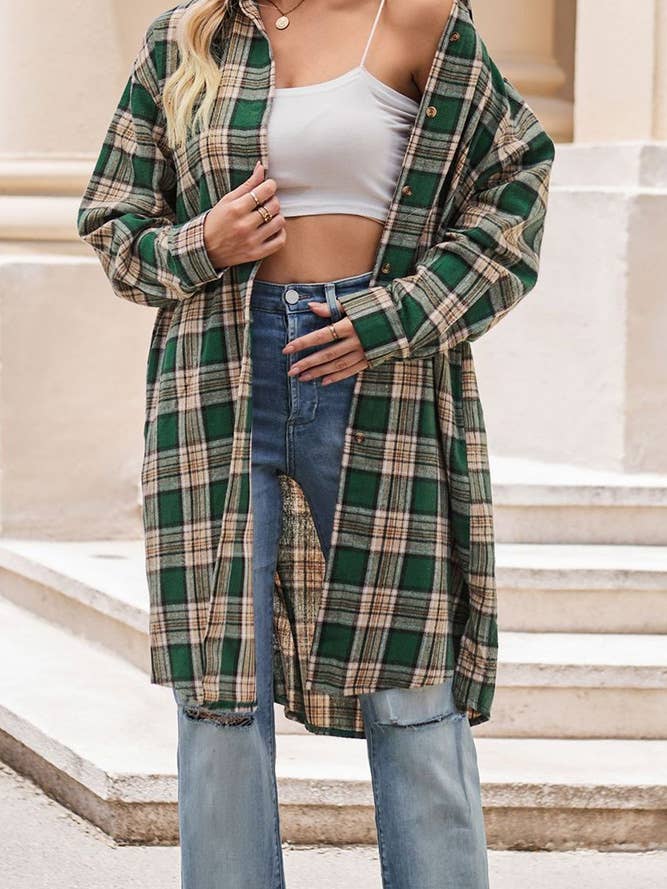 UNISHE - Wholesale Shirt Jacket/Shacket - Women's - Plaid Button Up Long Length Blouse Jacket MD10013