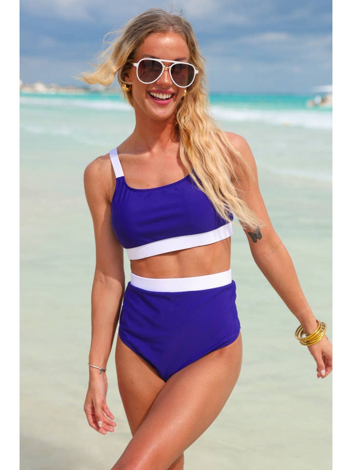 Navy White Along The Shore Two Piece Swimsuit, Navy/White for wholesale on Faire