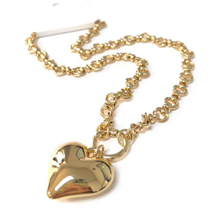 Puffy Heart Pendant with Metal Linked Chain Necklace for wholesale by StarryNYC