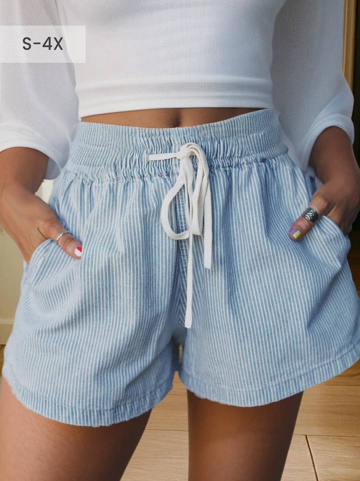 Plus Size Stripe Elastic Waist Casual Denim Shorts (S-4X) for wholesale by 66DISCO