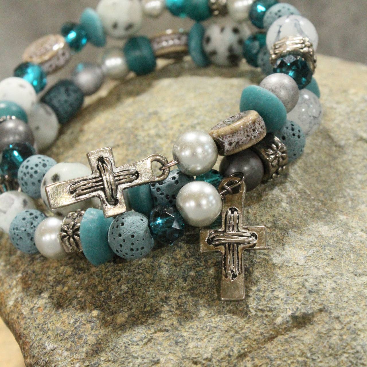 The Primitive Peddler, Inc. - Wholesale Charm/Dangle Bracelet - Gunmetal & Jade Stone Cross Layered Wrap Bracelet3