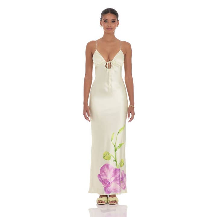 Vestido largo de satén con lazo delantero y estampado floral en verde pastel para venta al por mayor de Lucy In The Sky