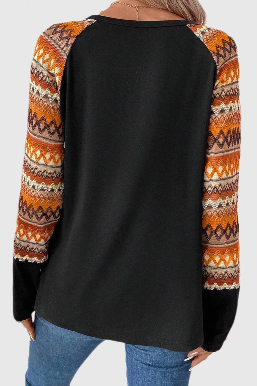 Orange Tribal Print Raglan Sleeve Crewneck Knit Top for wholesale on Faire4