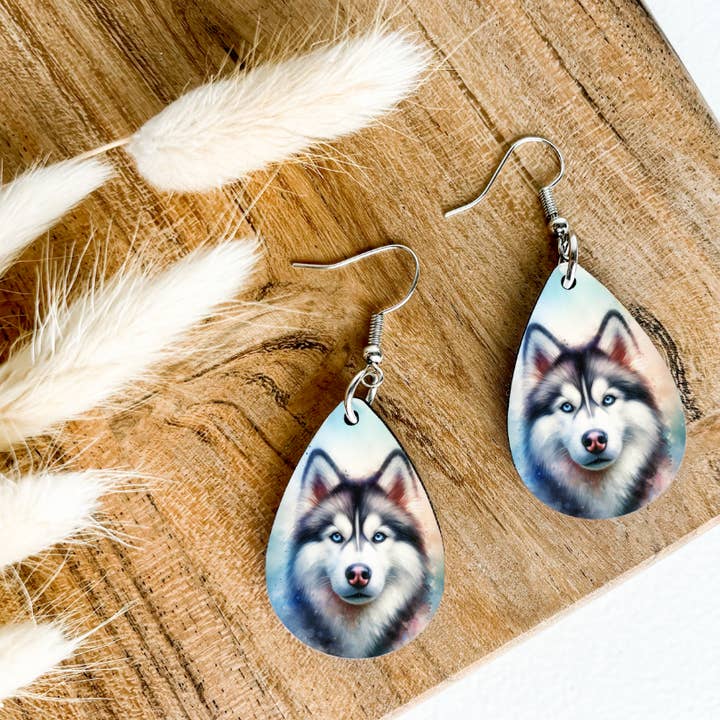 HUSKY dog print dangle teardrop earrings for wholesale by Eartherella Soap & Candle Co., LLC