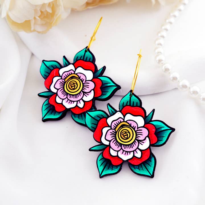 Colorful Floral Wooden Earrings–Vibrant, Handcrafted Beauty for wholesale by HappyJewelrySupplies