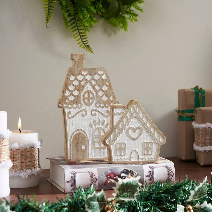 VHC Brands - Wholesale Decorative Tabletop Object - White Washed Gingerbread Drive Natural Wooden Houses Set of 2 - 5x5x1/8x5x1