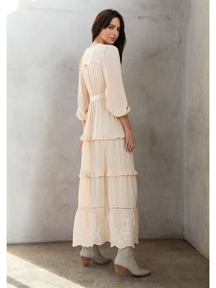 Natural Retro Boho Embroidered Ruffled Maxi Kimono Robe for wholesale on Faire