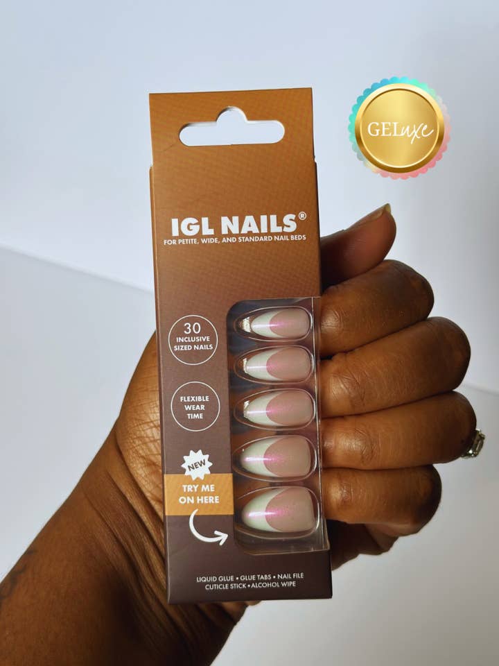 Kayla Geluxe™ Nails – French Tip with Pink Shimmer for wholesale by IGL Nails