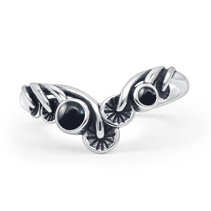 Round Black Agate Mushroom Chevron Ring Oxidized for wholesale by Blue Apple Imports