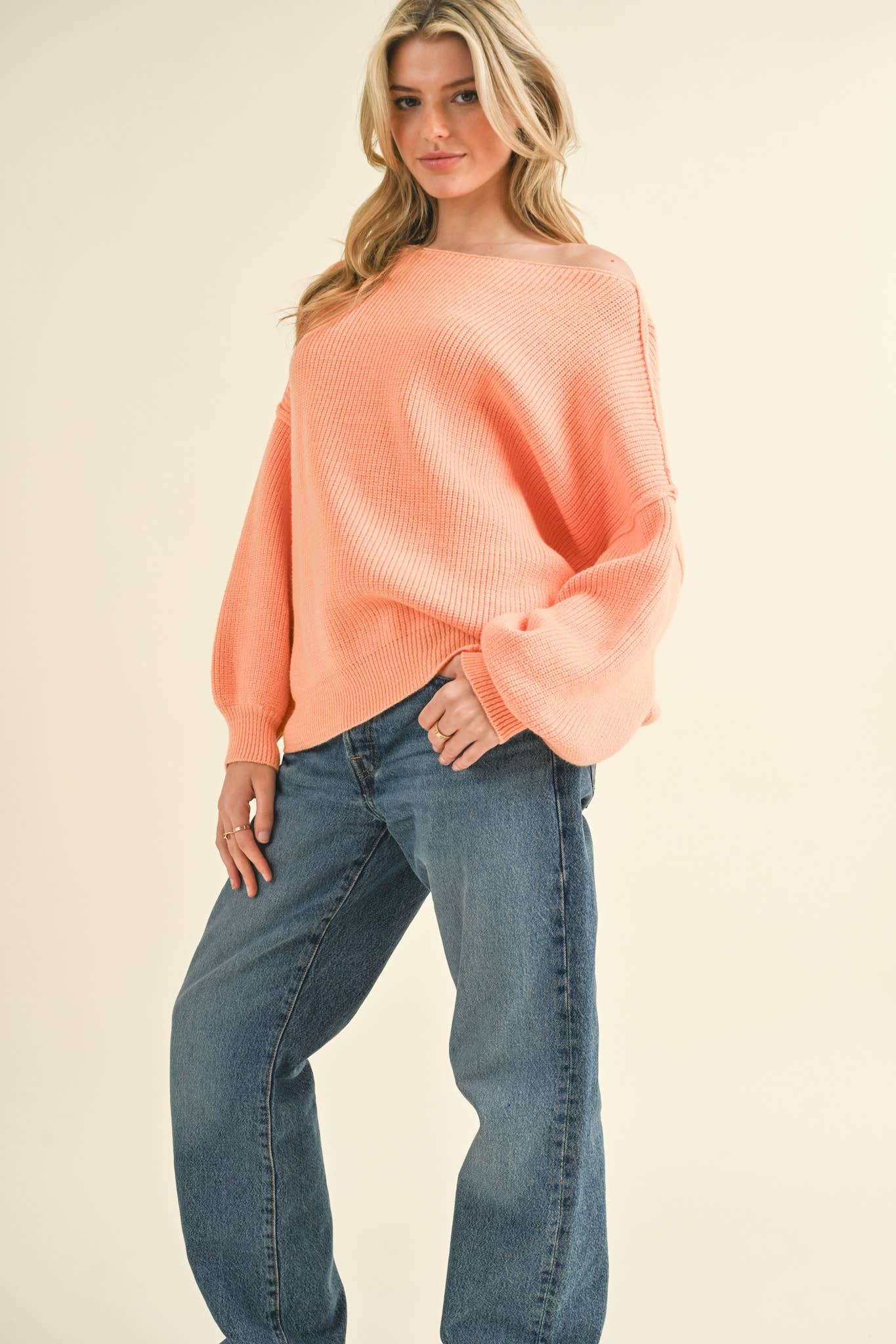 &MERCI - Wholesale Knit Sweater - Women's - BOAT NECK BUBBLE SLEEVE SWEATER MSW814733