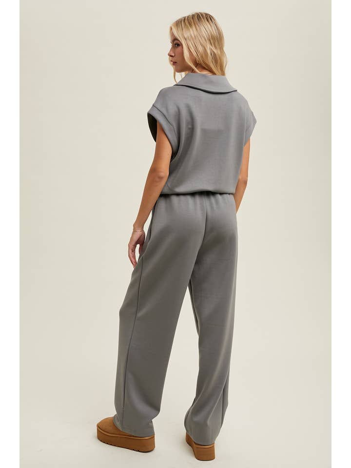 GREY SCUBA HALF ZIP JUMPSUIT WITH OVERSIZED COLLAR / WL24-9333 for wholesale on Faire