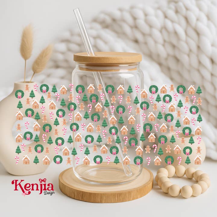 Kenjia Design - Wholesale Drinking Glass/Cup - Christmas Gingerbread 16 OZ Glass Can With Lid & Straw