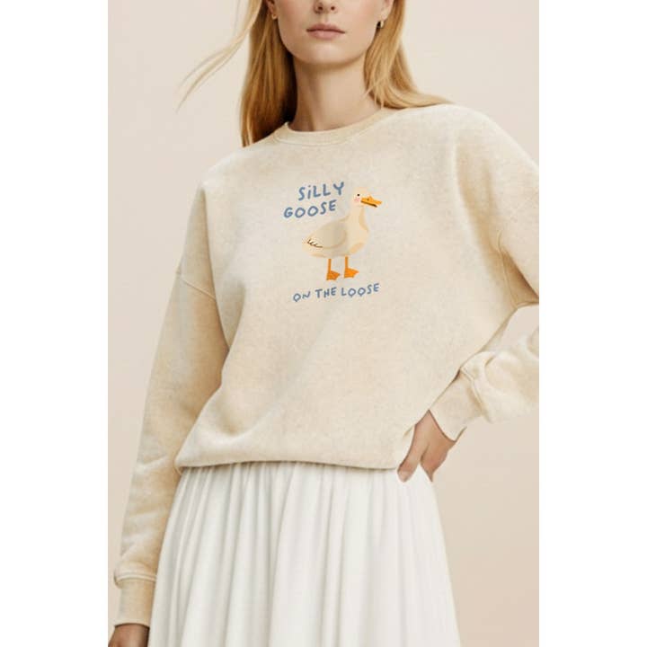 SILLY GOOSE ON THE LOOSE MINERAL WASH SWEATSHIRT for wholesale by VINTAGE POINT USA