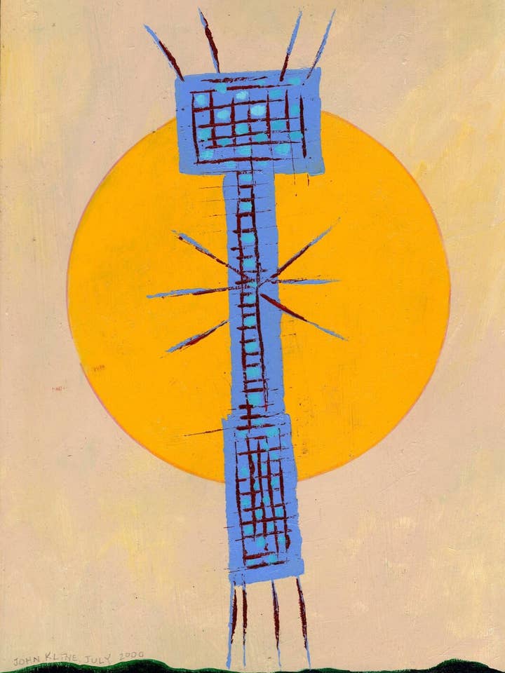 J'attends Godot. Acrylique sur carton. Encadré. 10" x 14". 2000. Peinture originale. Klee. Résumé. Surréalisme. pour la vente par John Kline Artwork