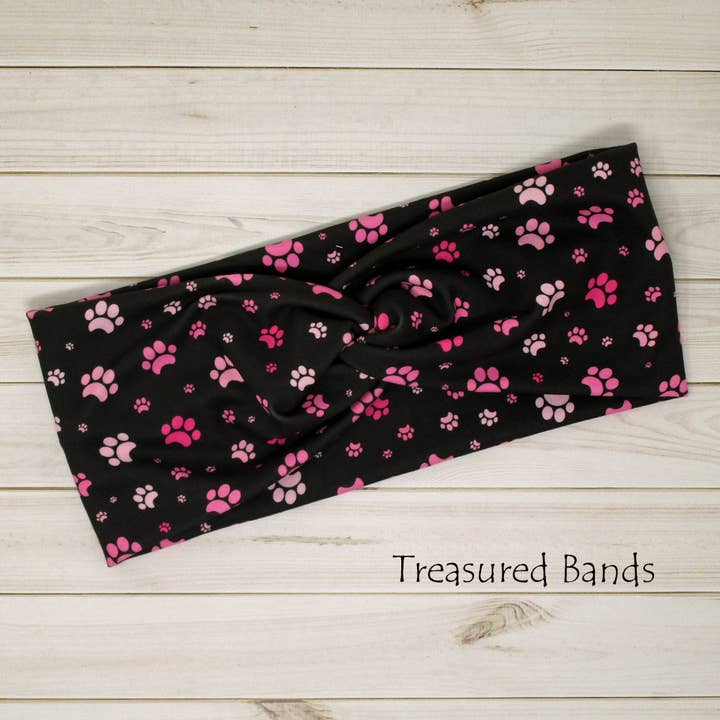 Treasured Haven - Wholesale Fashion Headband - Women's - Paw Prints Pinks on Black, Pet, Vet Tech Knit Twist Headband