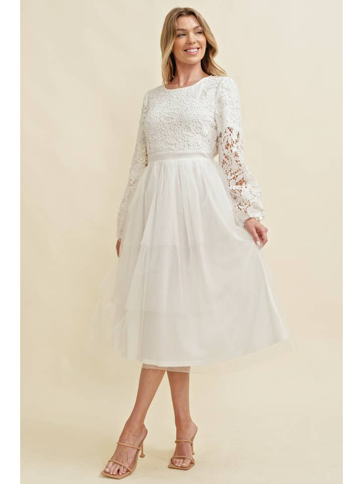 White CD15047J - LACE LONG SLEEVE TULLE MIDI DRESS for wholesale on Faire