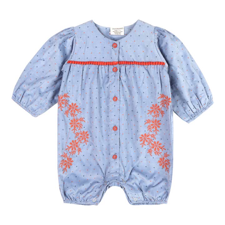 Coral Blue Floral Embroidered Corduroy Bubble Baby Romper (Organic) for wholesale on Faire