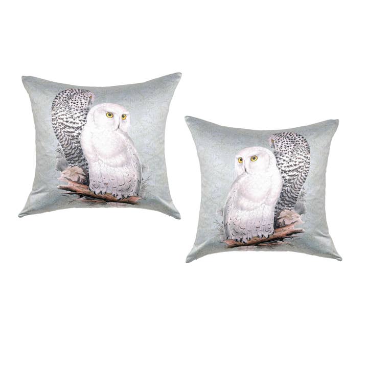 Coppia di cuscini a forma di gufo bianco, realizzati su ordinazione per la vendita all'ingrosso da parte di Poetic Pillow