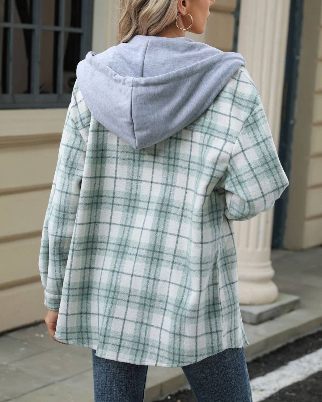 HIDDENBRAND - Wholesale Hoodie - Women's - Drawstring Plaid Hooded Shirt Jacket4