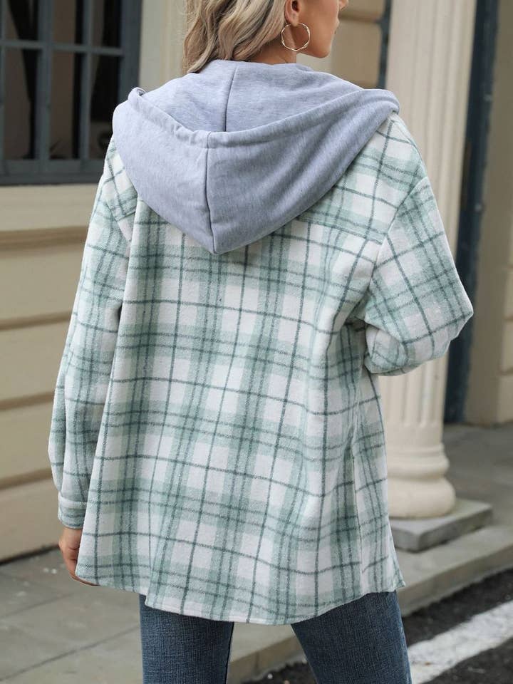 HIDDENBRAND - Wholesale Hoodie - Women's - Drawstring Plaid Hooded Shirt Jacket4