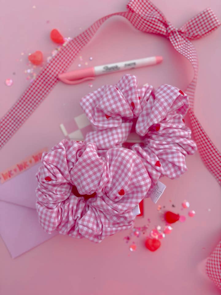 Pink Gingham Red Heart Oversized Scrunchy for wholesale by Evie Pearl Handmade LLC