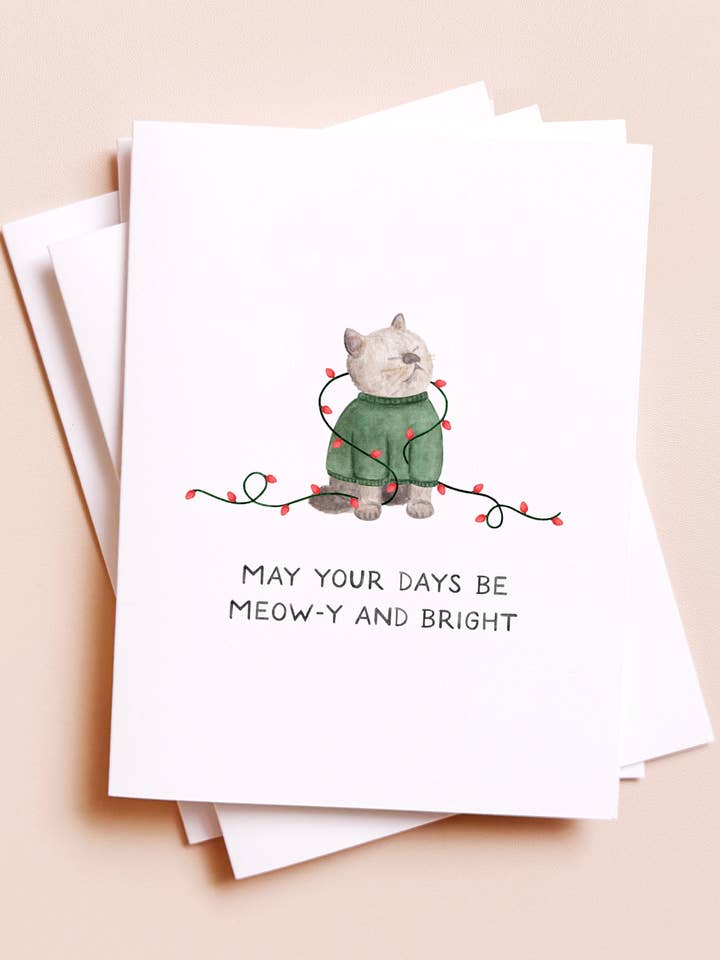 Merry And Bright — Funny Festive Cat Pun Christmas Card for wholesale by Amy Zhang