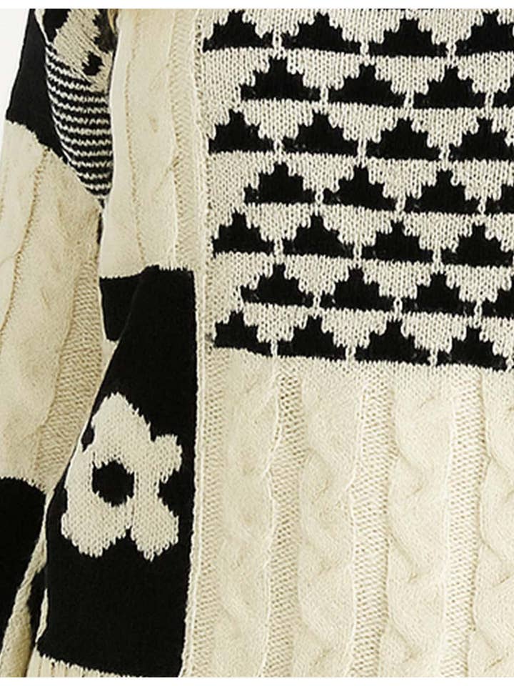 Black Ladies Floral Geometric Pattern Pullover Knit Sweater for wholesale on Faire1