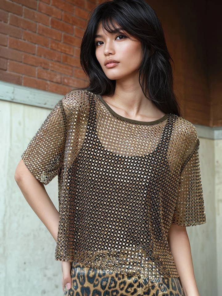 Rhinestone Fishnet Cropped Tee for wholesale by KATE HEWKO